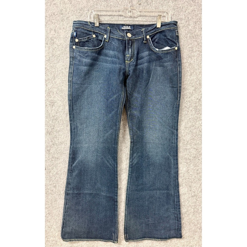 Rock & Republic Womens Dark Wash Bootcut Jeans Yellow Stitching Low Rise 35x33.5